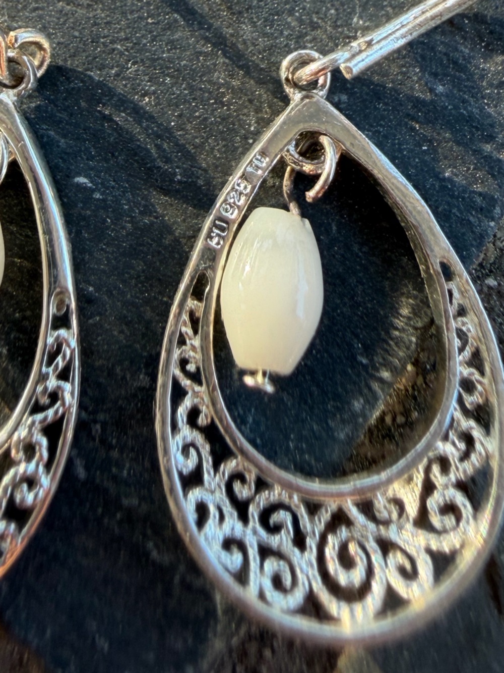 Vintage Sterling Silver White Bead Teardrop Earrings 925 - Picture 3 of 6